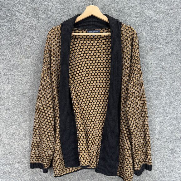 Jones New York Cardigan Women XL Brown Geometric Open Front Long Sleeve Casual - Picture 1 of 7